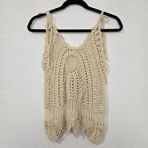 Cotton Candy Ivory Crochet Tank Top M/L Boho Macrame Tie Shoulder